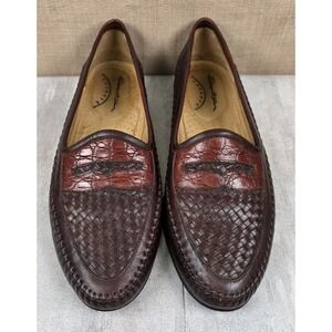 Santoni Basket Weave Brown On Brown Penny Loafers Shoes Size 10.5D Business